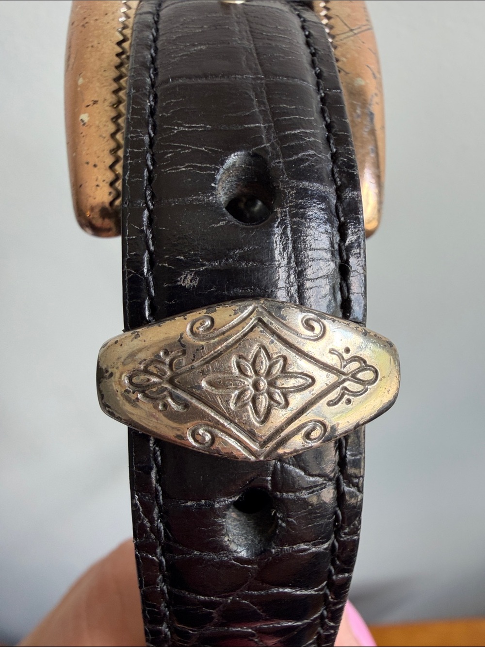 90s Brighton Black Leather Woven and Crocodile Belt - Skinny, Size L - Picture 4 of 16